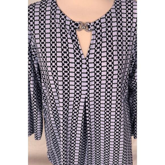 Jones New York 3/4 Sleeve Top Large Polyester Stretch Black Gray/Blue Print - Picture 2 of 9